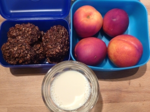 Oat bites, nectarines, and soy milk